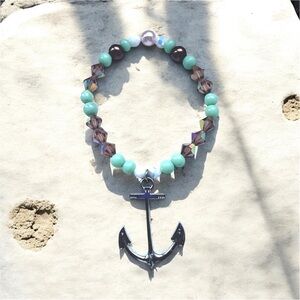 Nautical Anchor Silver Charm Bracelet Mint and Silver Recycled Beads